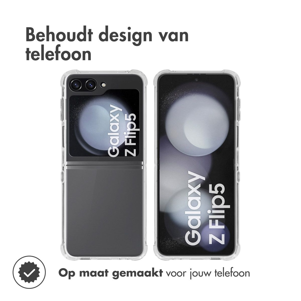Deux téléphones Galaxy Z Flip5 dans des étuis transparents, un ouvert et un fermé. Texte néerlandais au-dessus et en dessous.