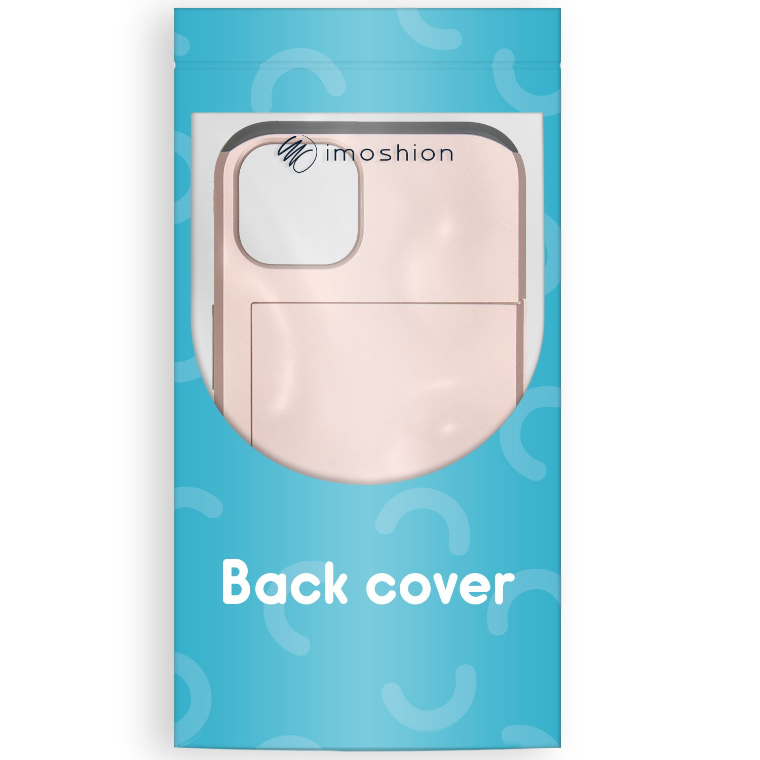 Een achterkant van een telefoon in een verpakking. De hoes is roze, de verpakking is blauw en wit met "Back cover".
