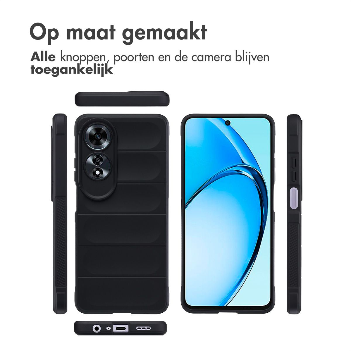 Coque de téléphone noire avec un téléphone à l'intérieur, montrant l'écran. Texte au-dessus : 'Op maat gemaakt', signifiant 'Personnalisé'.