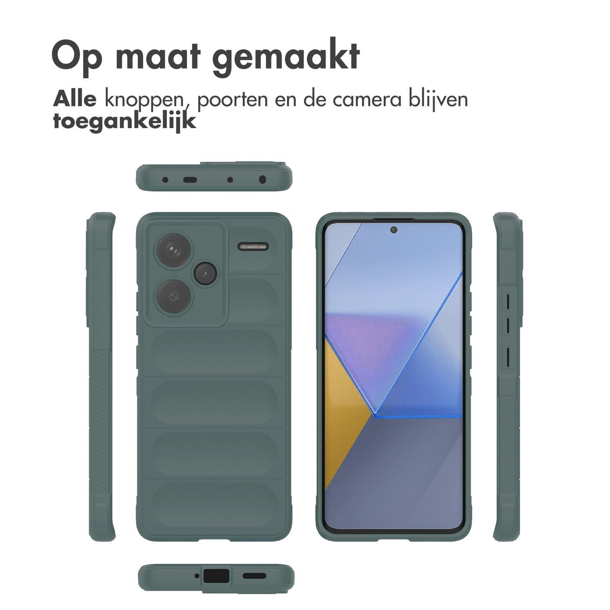 Onderdelen van een telefoonhoesje: voor-, achter-, boven- en zijkanten. De hoes is groen. Het scherm toont een blauw en geel ontwerp.