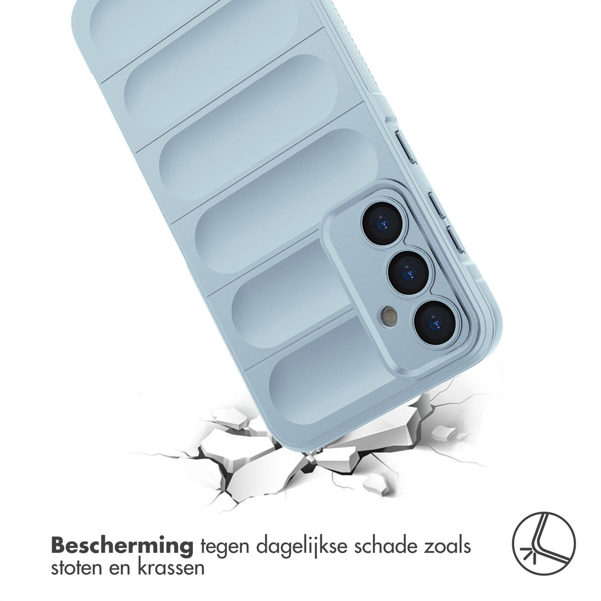 Una custodia per telefono azzurra con un design strutturato. La custodia è angolata, con un telefono visibile. Testo in olandese.