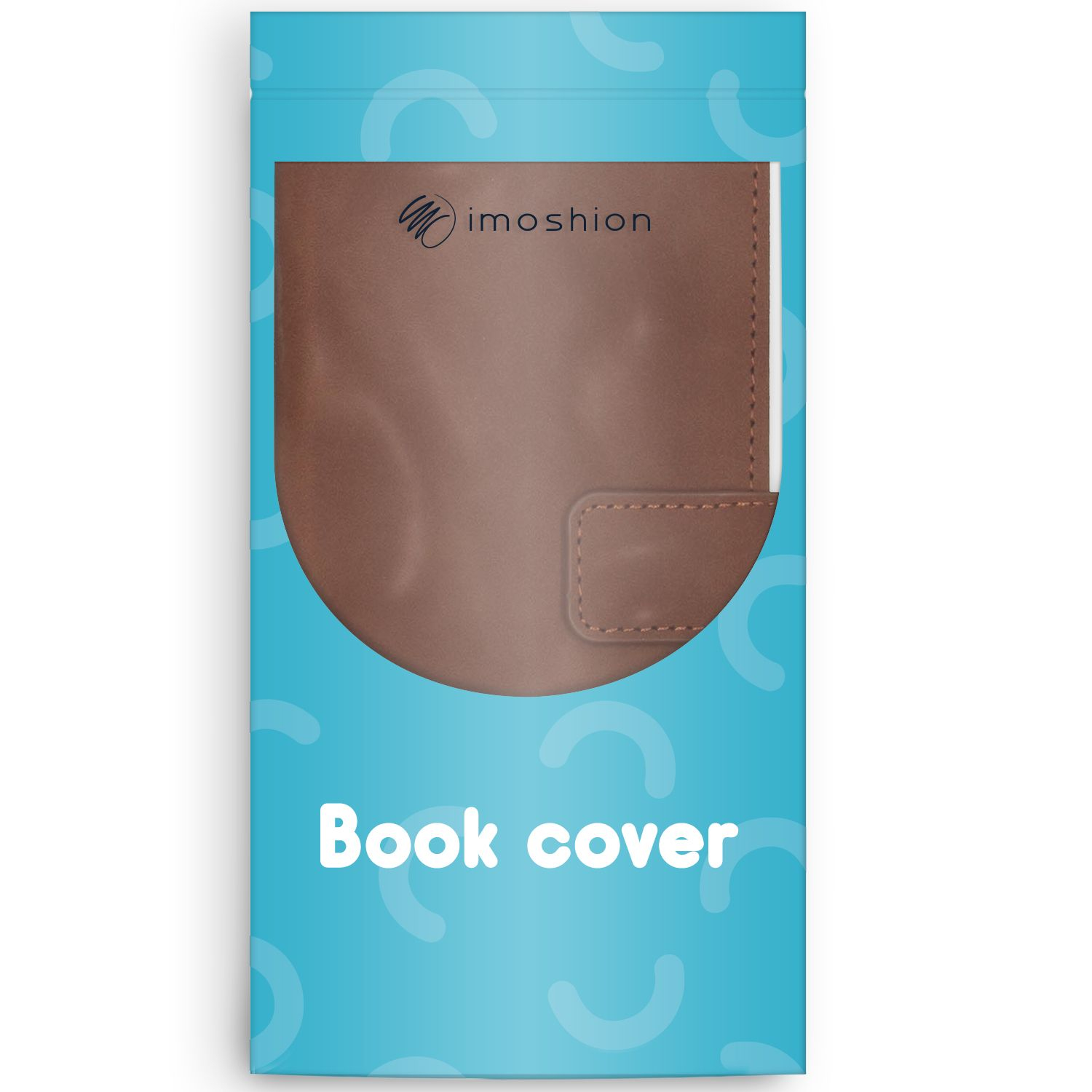Eine braune Buchhülle in einer blauen Verpackung. Die Verpackung trägt den Markennamen 'imoshion' und die Worte 'Buchhülle'.