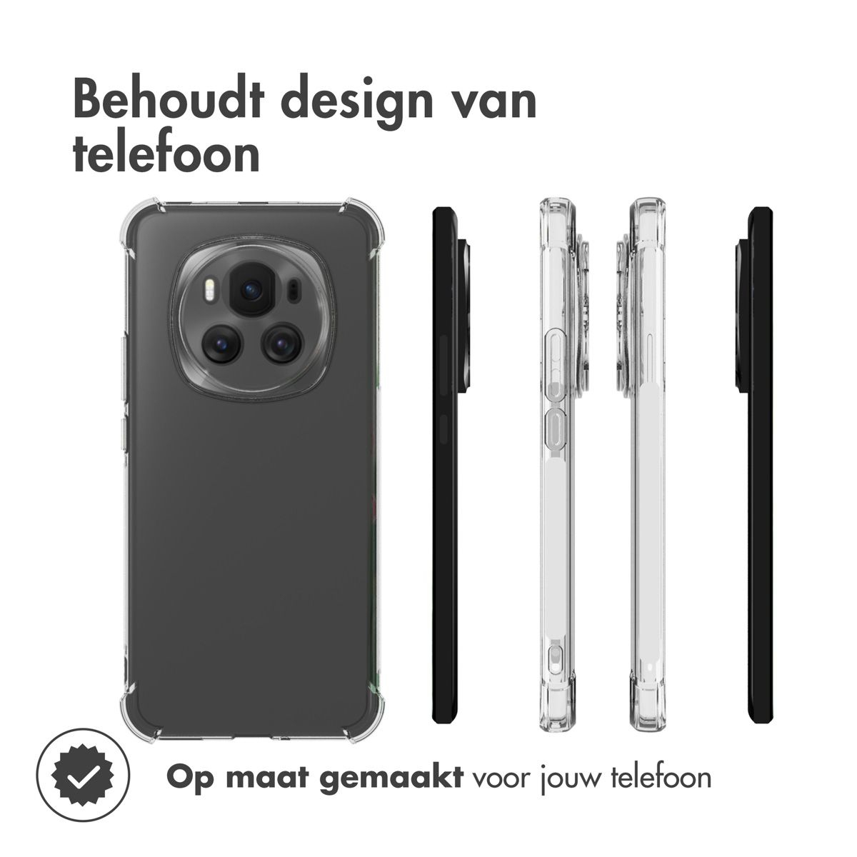 L'immagine mostra custodie per telefoni di diversi colori. Il testo dice 'Mantiene il design del telefono'. Le custodie sono nere e trasparenti.