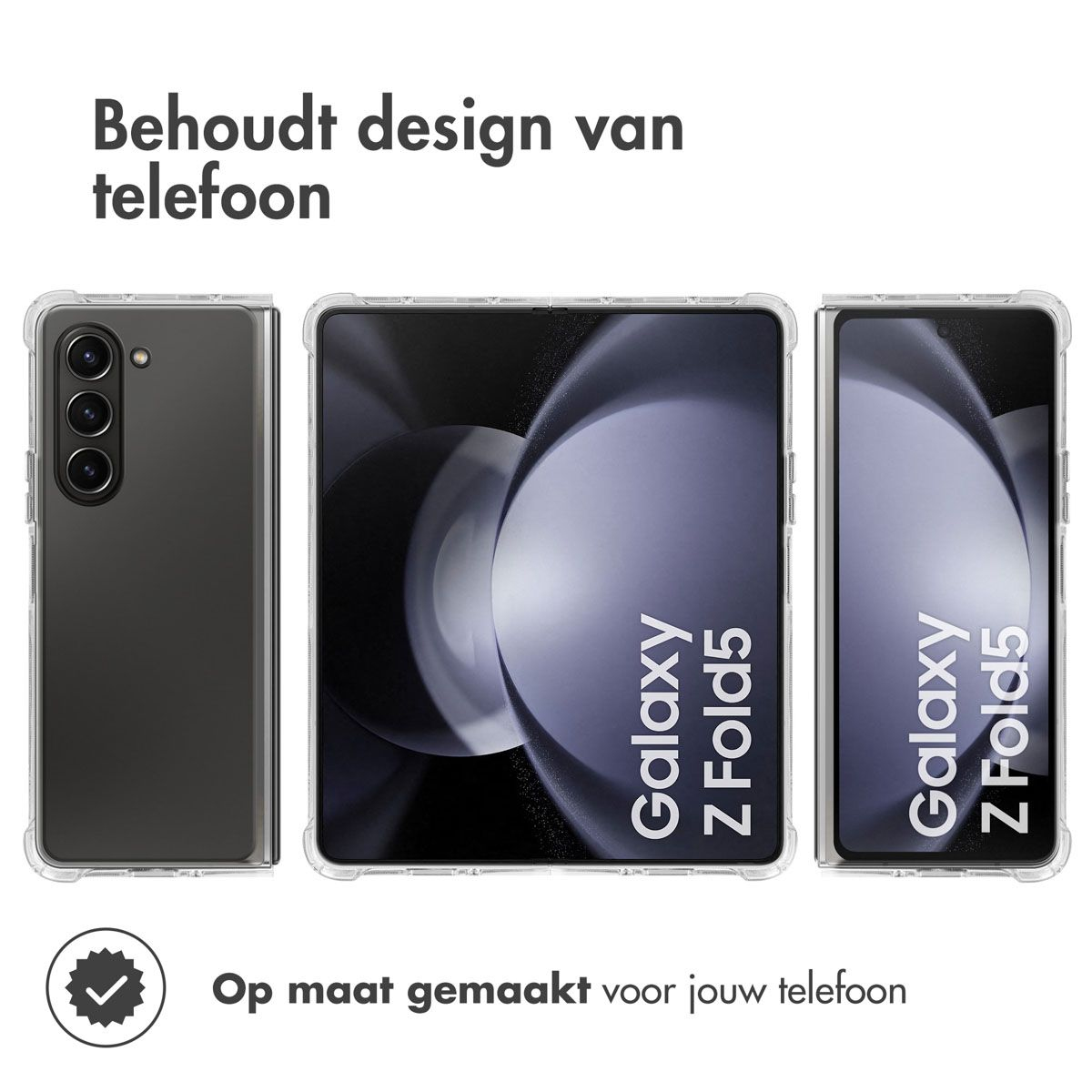 Tre telefoni Galaxy Z Fold5 in custodie protettive. Testo: 'Behoudt design van telefoon' e 'Op maat gemaakt voor jouw telefoon'.
