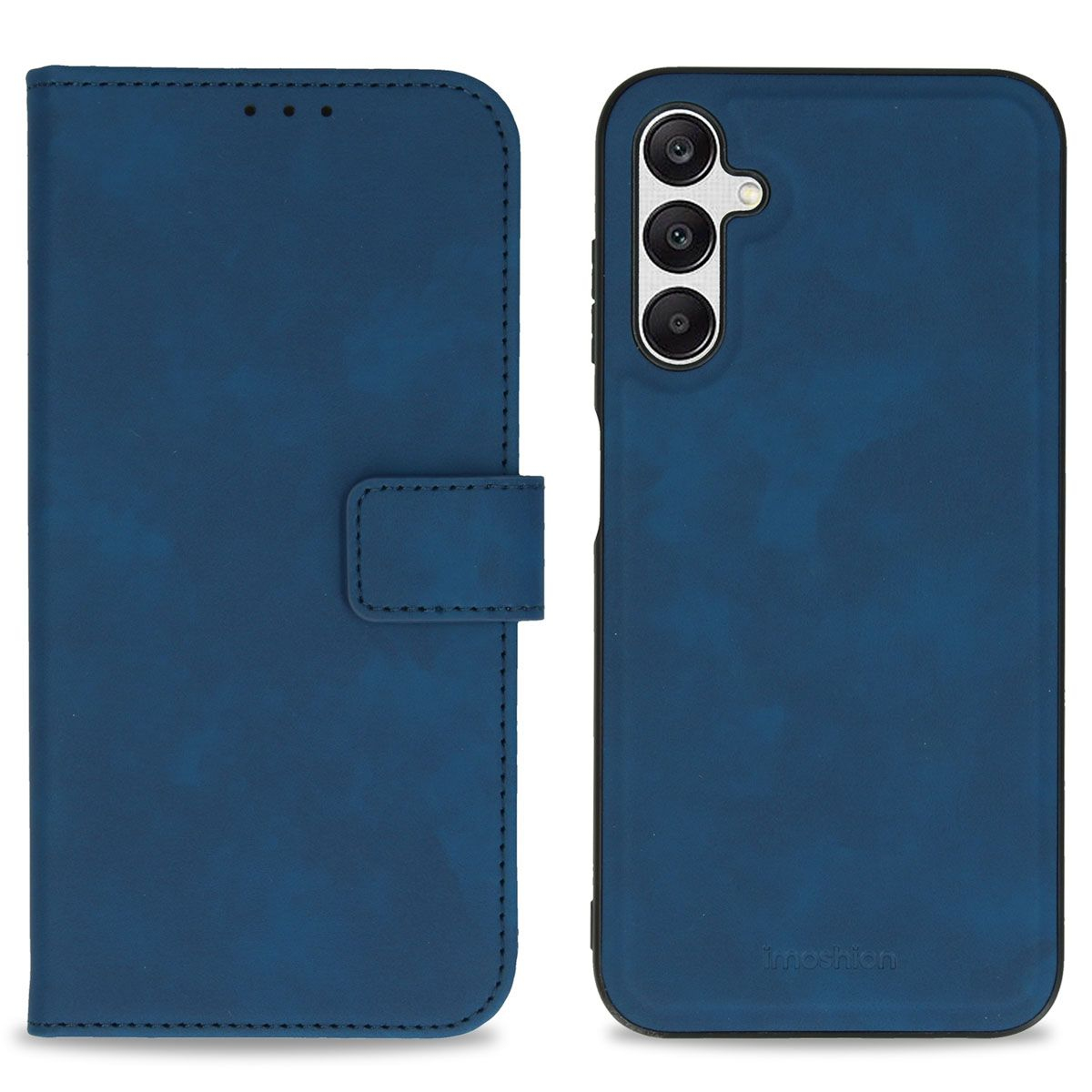 Twee blauwe telefoonhoesjes, één open en één dicht. De dichte hoes heeft een camera en de merknaam 'imoshiion'.