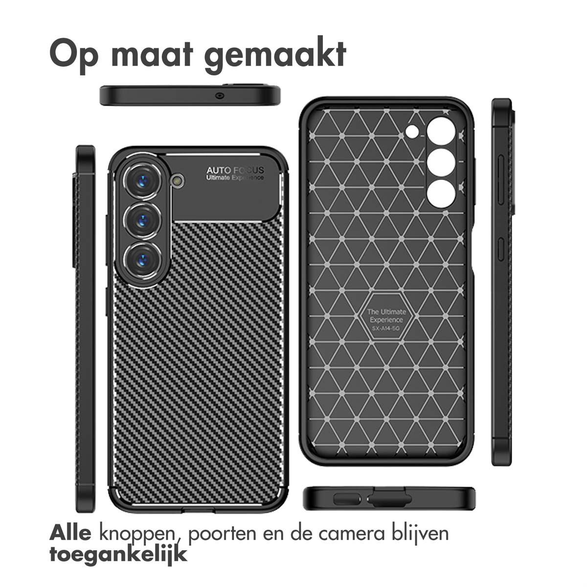 Zwarte telefoonhoesjes, achterkant en zijkanten. Tekst zegt: 'Op maat gemaakt', 'Alle knoppen... toegankelijk'.