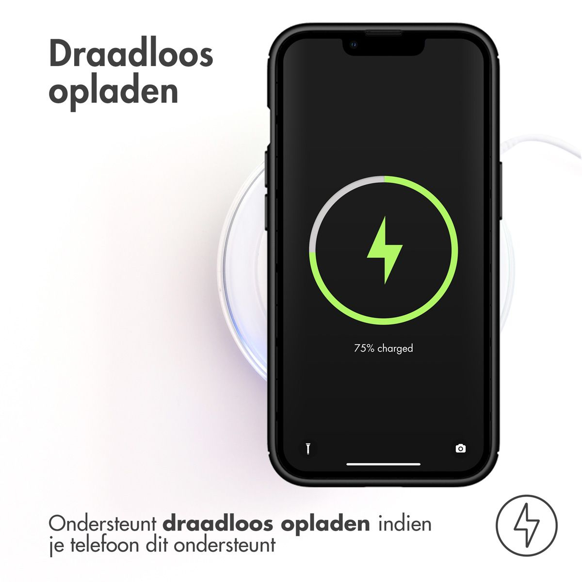 Een telefoon toont een oplaadsymbool. Tekst zegt 'Draadloos opladen' en '75% opgeladen'. De telefoon staat op een draadloze oplader.