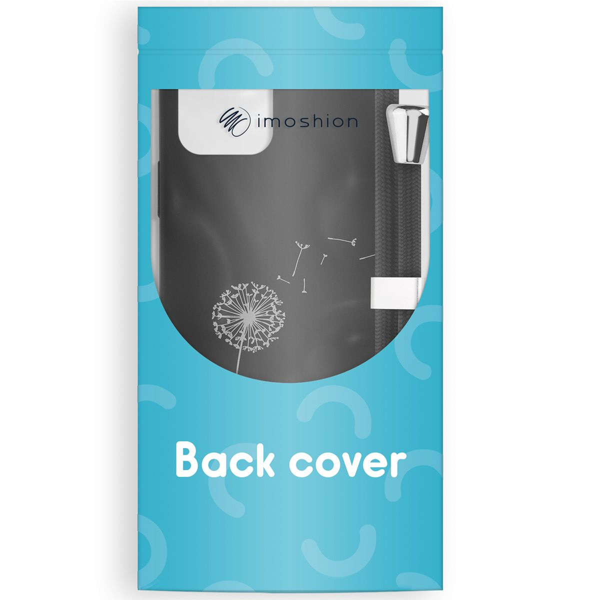 Un emballage d'étui de téléphone avec un motif de pissenlit. L'emballage est bleu et porte les mots "Back cover" en bas.