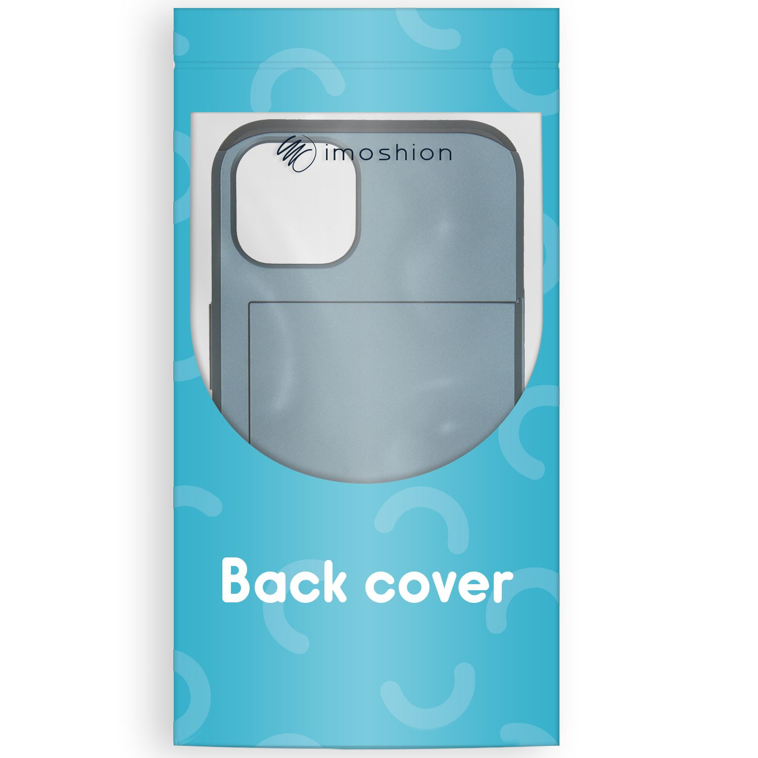 Een telefoonbackcover verpakt in een blauw-witte sleeve. De cover is lichtblauw, met het merk 'imoshion'.
