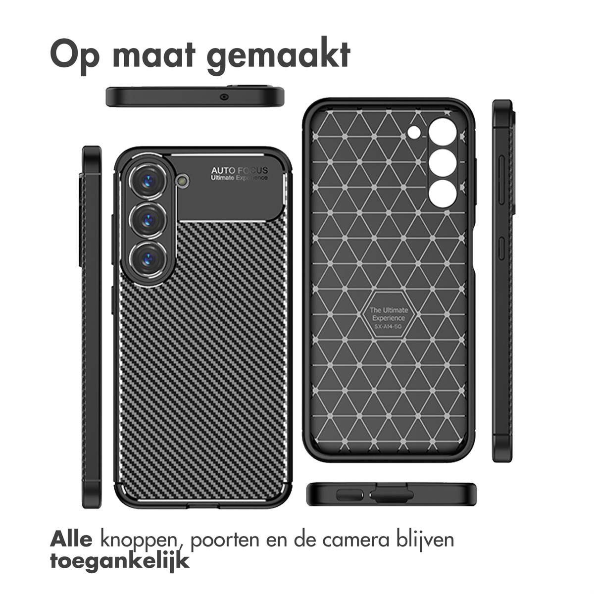 Telefoonhoes onderdelen getoond. Boven-, zij- en hoofdonderdelen zijn zwart met een koolstofvezelpatroon. De tekst zegt 'The Ultimate Experience'.