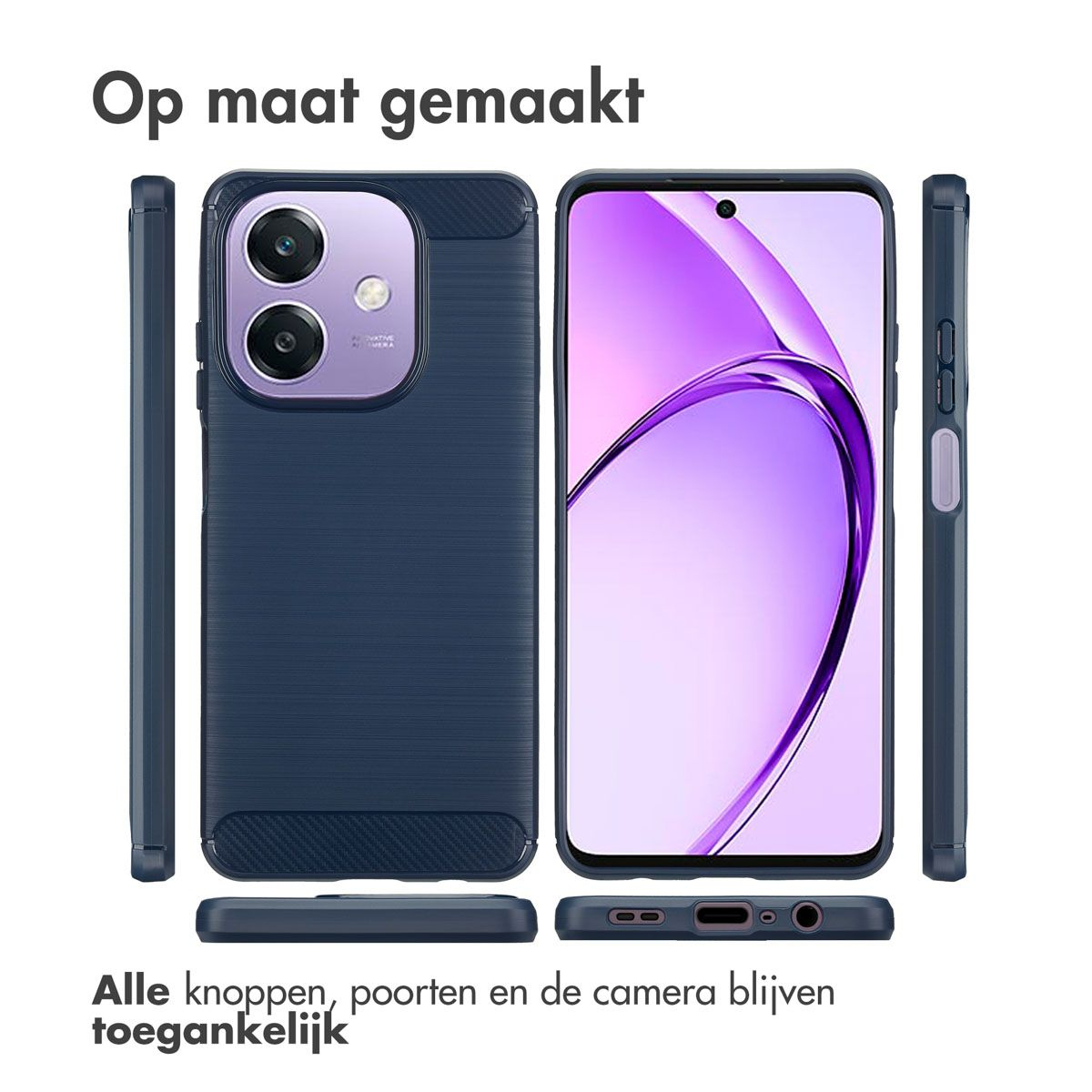 Un étui de téléphone est présenté avec un téléphone à l'intérieur. L'étui est bleu foncé et l'écran affiche une image abstraite violette.