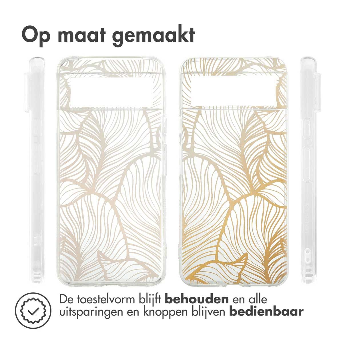 Transparente Handyhüllen mit goldenem Blattdesign. Text oben: 'Op maat gemaakt'. Text unten: 'De toestelvorm blijft behouden'.