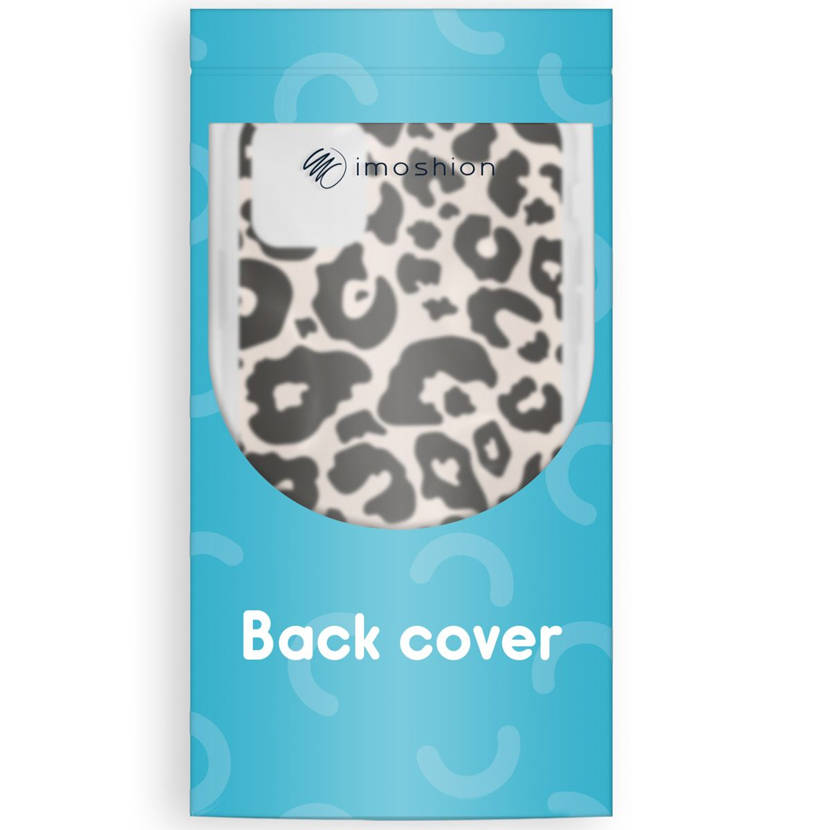 Een telefoonachterkant in een turquoise verpakking. Het heeft een luipaardprint en de woorden 'Back cover' zijn zichtbaar.
