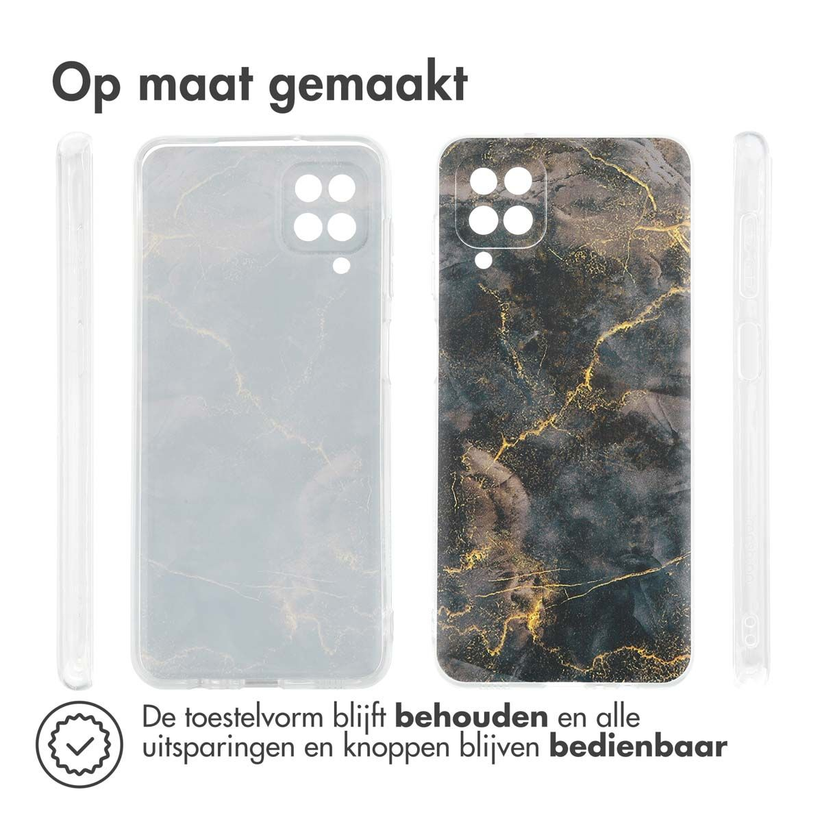 Telefoonhoesje met marmerdesign. Transparante hoes links, telefoonhoes met zwart-gouden marmerpatroon rechts.
