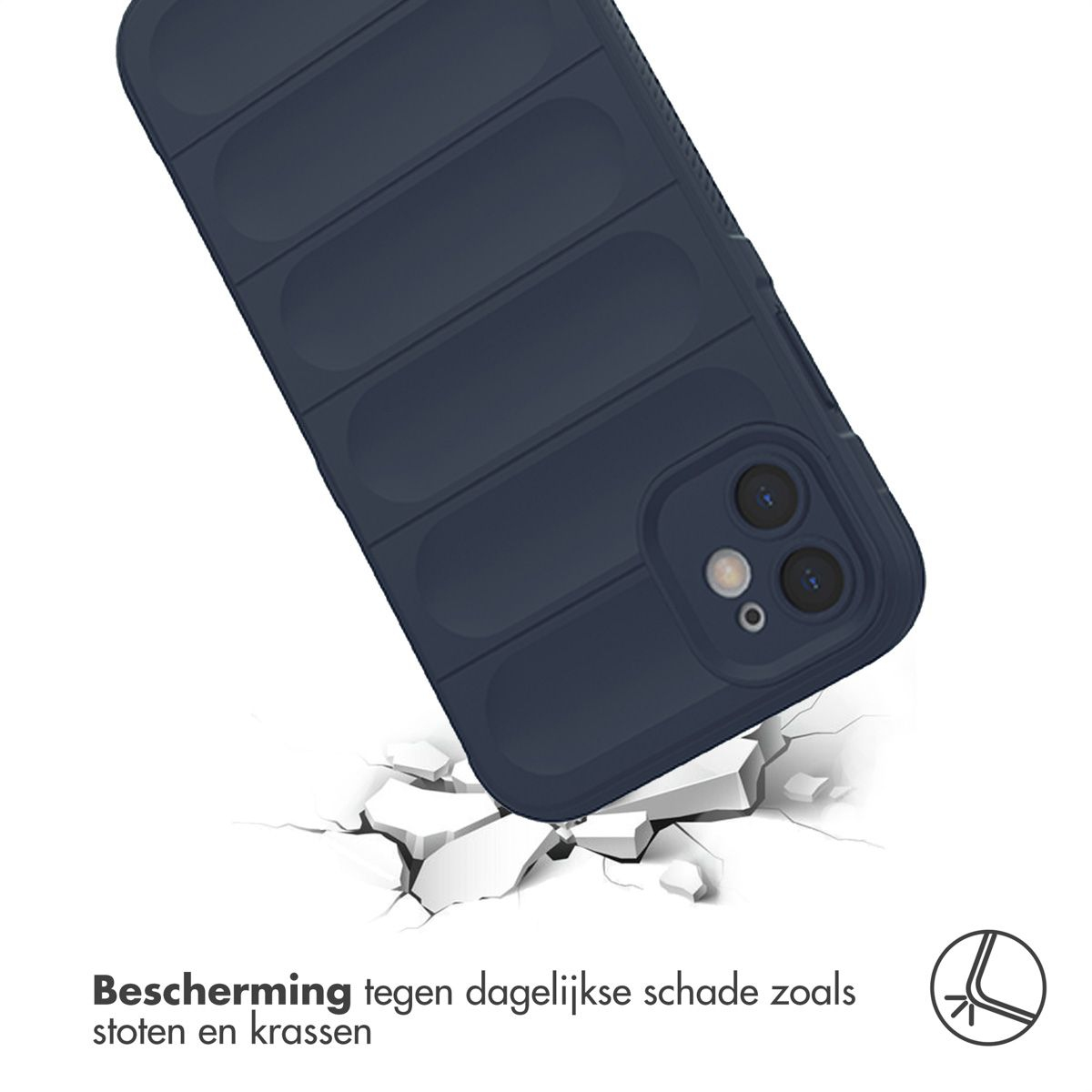 Une coque de téléphone bleu foncé sur une surface fissurée. La coque du téléphone tombe. Texte : Protection contre les dommages quotidiens tels que les chocs et les rayures.
