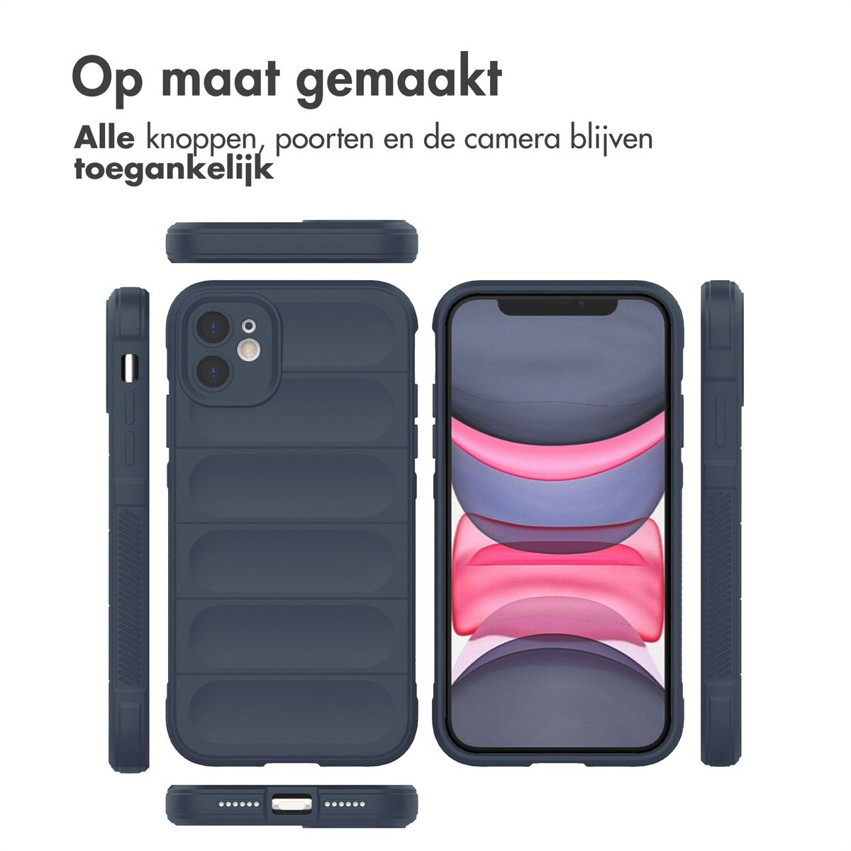 Une coque de téléphone bleu marine avec un téléphone à l'intérieur. La coque est montrée sous différents angles. Le texte en haut dit : 'Op maat gemaakt'.