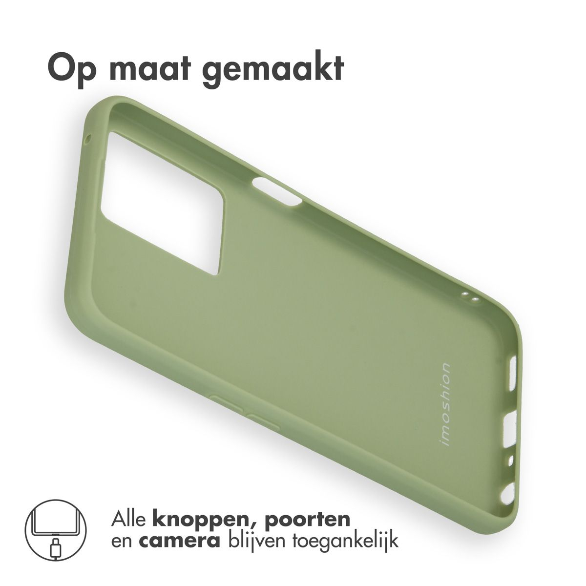 Viene mostrata una custodia per telefono verde chiaro con ritagli per pulsanti e fotocamera. Il testo in alto dice 'Op maat gemaakt'.