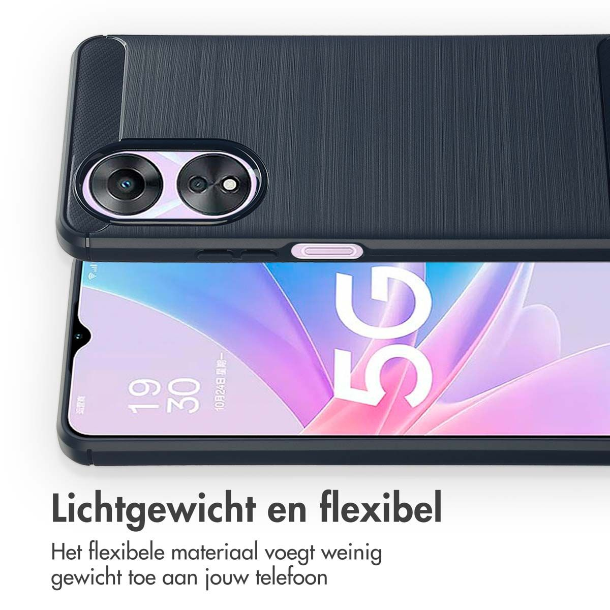 Un smartphone dans un étui bleu foncé avec un logo 5G. L'écran affiche l'heure et la date. Texte en bas : 'Léger et flexible'.