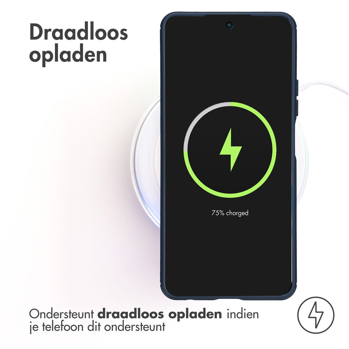 Un téléphone se charge sans fil, affichant 75% de charge. Texte : 'Chargement sans fil' et 'Prend en charge le chargement sans fil si votre téléphone le prend en charge'.