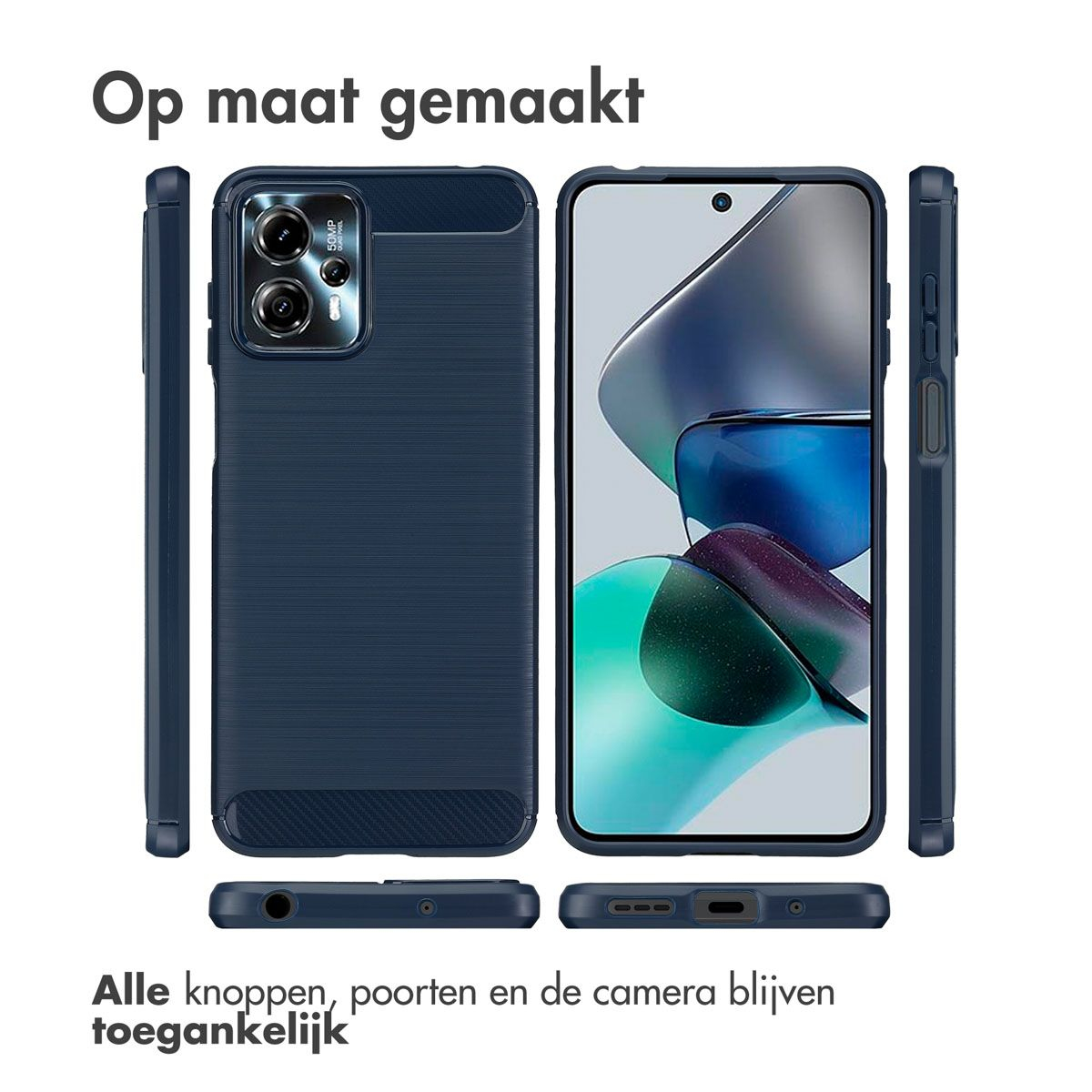Un étui de téléphone est présenté avec un téléphone à l'intérieur. L'étui est bleu foncé et l'écran affiche une image bleue et verte.