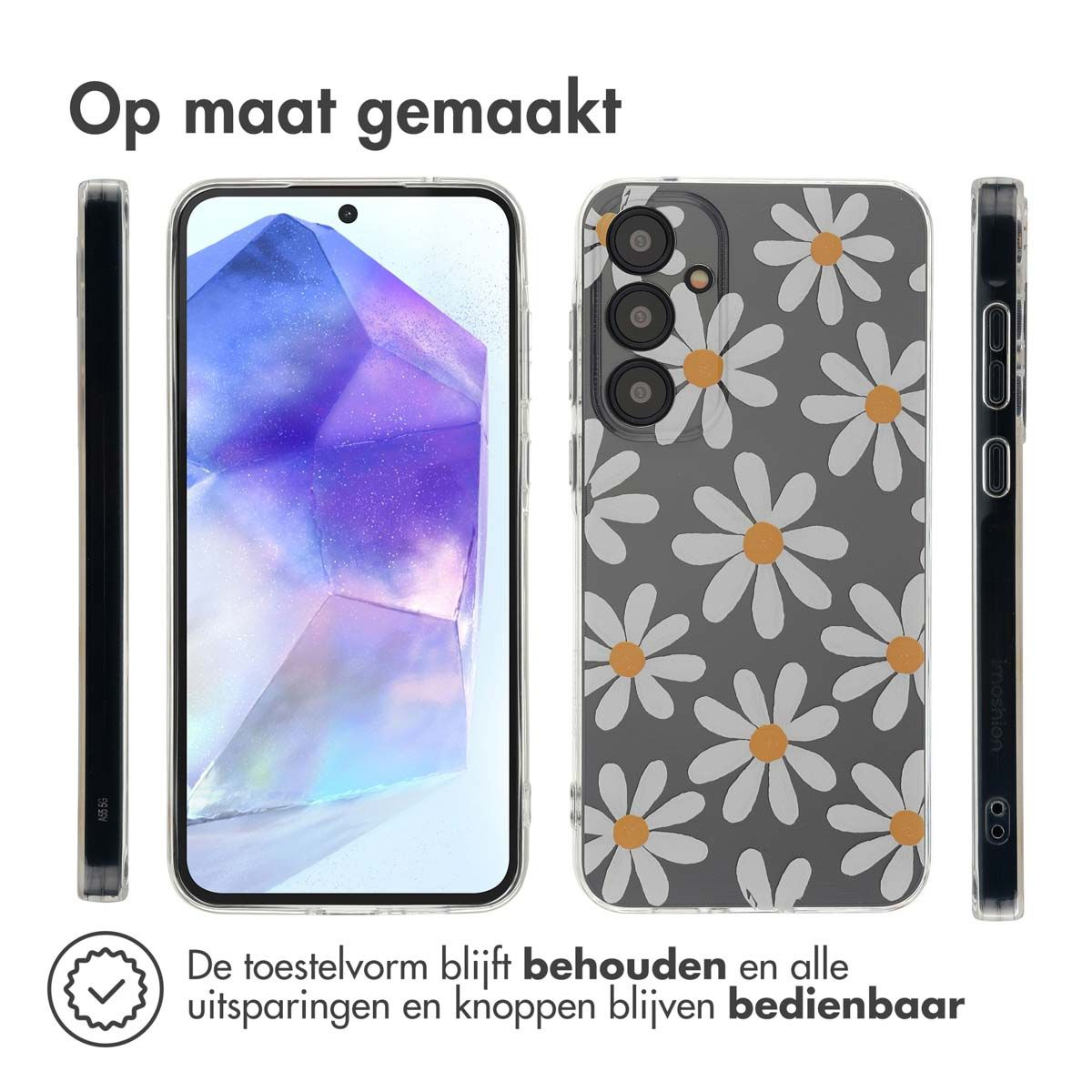 Afbeelding toont een telefoonhoesje met madeliefjespatroon op een grijze achtergrond en twee telefoons, één met een transparante hoes.