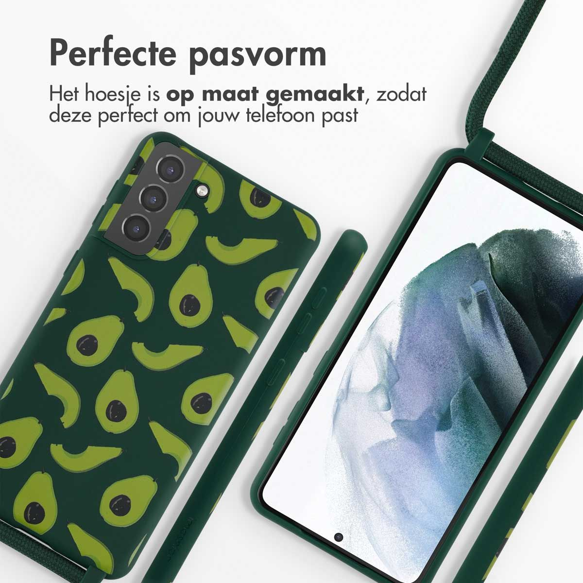 Custodia verde con motivo avocado, accanto a un telefono con schermo bianco. Testo in olandese: Vestibilità perfetta.