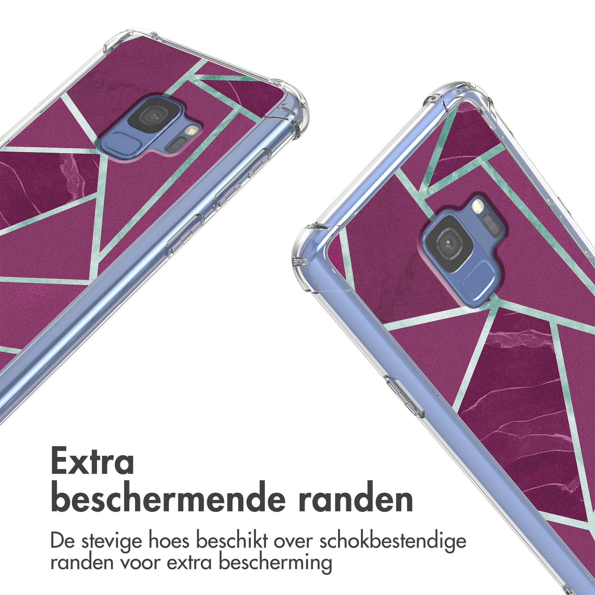 Deux étuis de téléphone, un en gros plan. Chacun a un motif géométrique violet avec une bordure transparente. Texte en bas : « Bords protecteurs supplémentaires ».