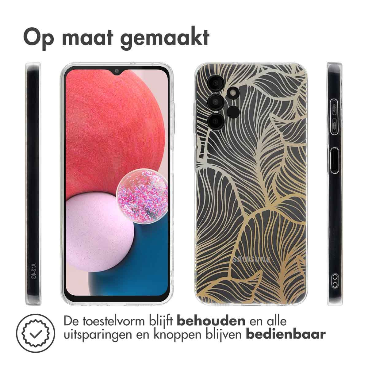 Telefoonhoesjes: één met een bladerenpatroon, één met een telefoon erin. Tekst zegt 'Op maat gemaakt'. Tekst onder.