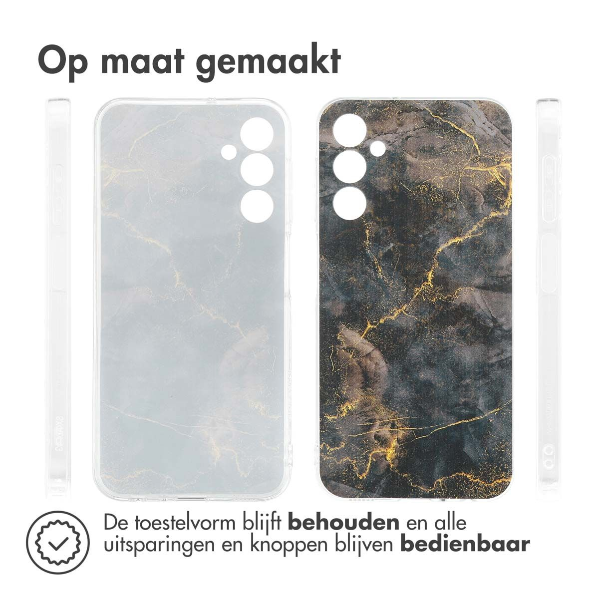 Coques de téléphone en noir et transparent. L'une a un motif marbré avec des veines dorées. L'autre est transparente. Le texte dit 'Op maat gemaakt'.