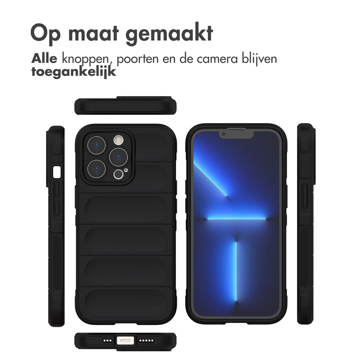 Schwarze Handyhülle mit einem Handybildschirm, der eine blaue Grafik anzeigt. Oben steht: 'Op maat gemaakt'.