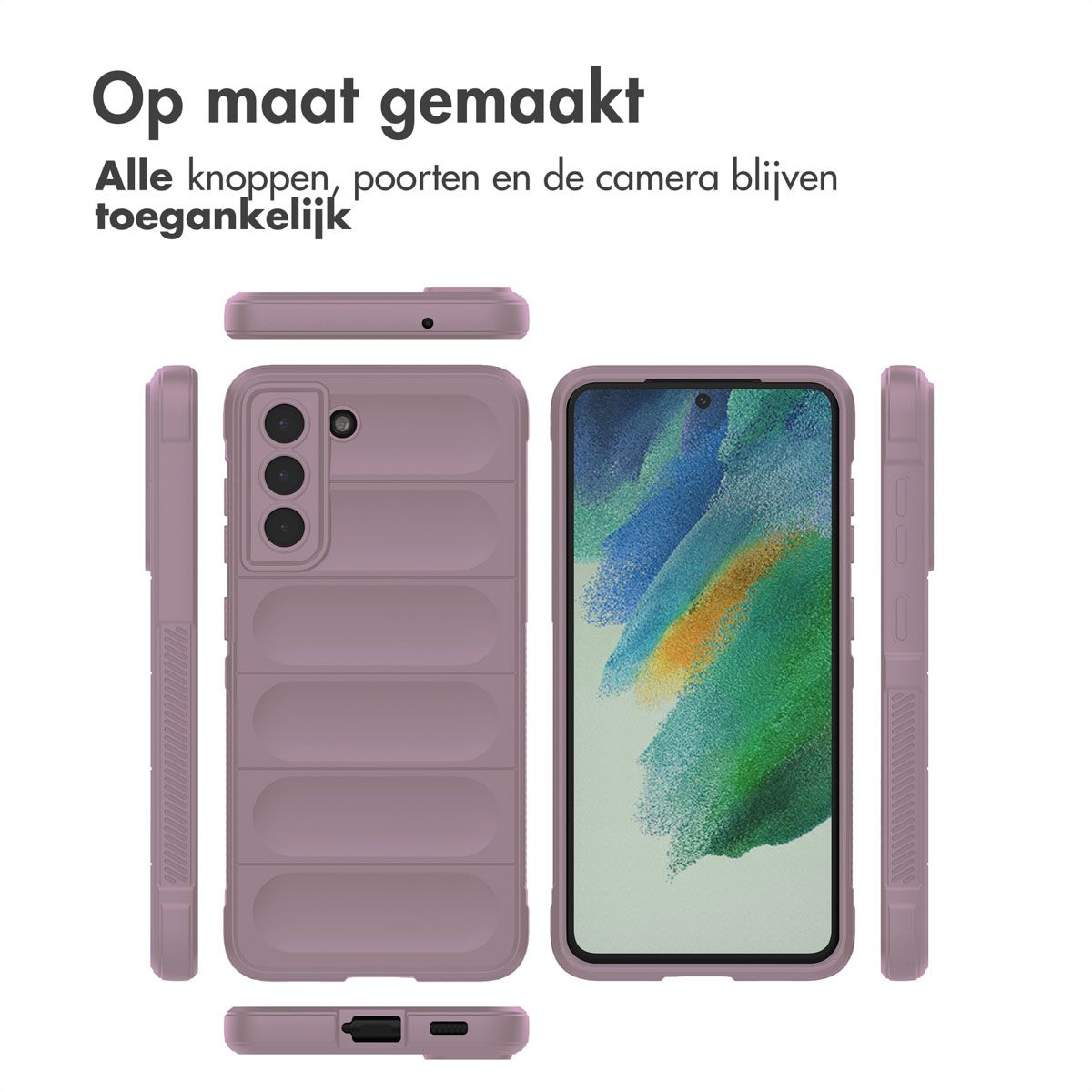 Een telefoonhoesje wordt in meerdere weergaven getoond. Het is mauve van kleur en is ontworpen voor een telefoon. De tekst zegt dat het op maat gemaakt is.