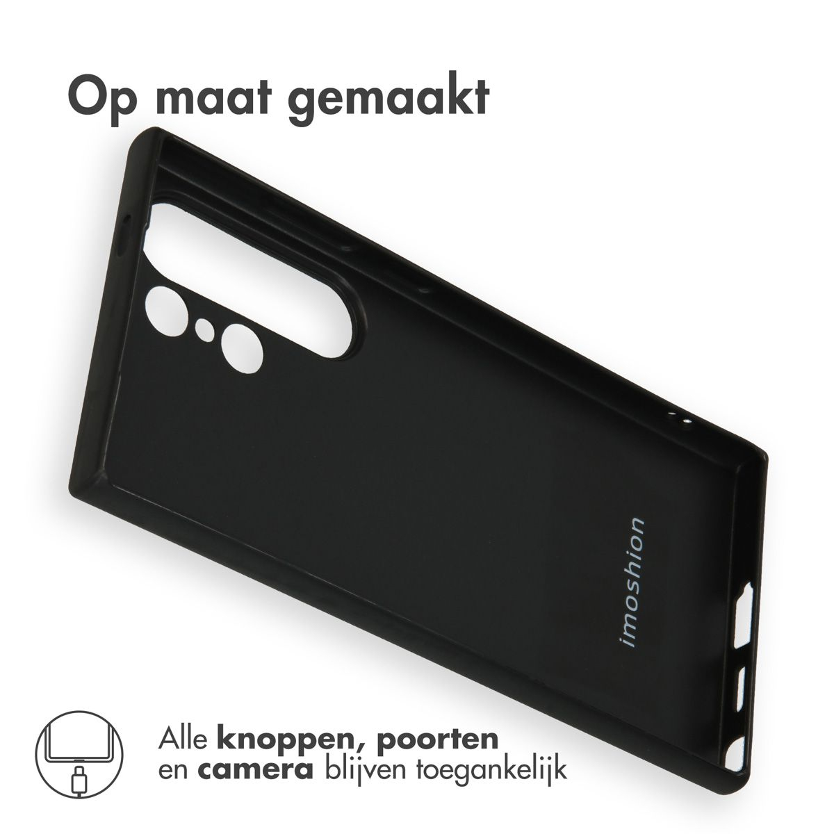 Zwarte telefoonhoes met uitsparingen voor knoppen en camera. Boven tekst: 'Op maat gemaakt'. 'Imoshion'-logo aan de zijkant.