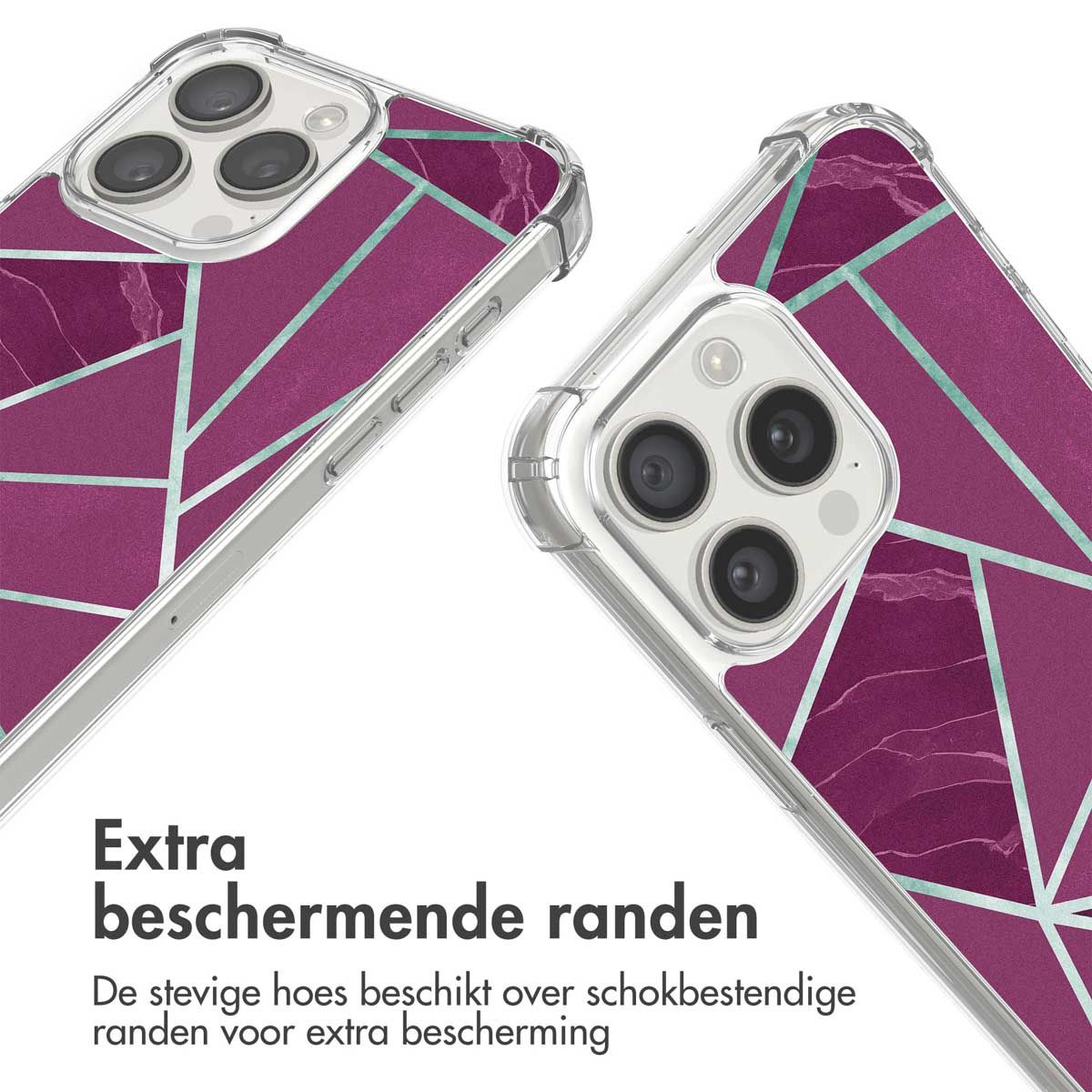 Deux coques de téléphone. Une en focus, montrant un design géométrique violet avec des lignes turquoise. Texte : 'Bords protecteurs extra'.