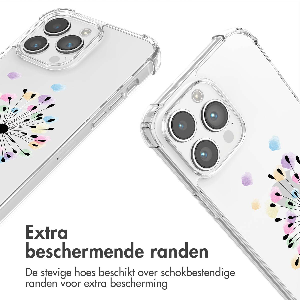 Transparante telefoonhoesjes met een paardenbloem ontwerp. De hoesjes staan op een witte achtergrond. De tekst is: extra beschermende randen.