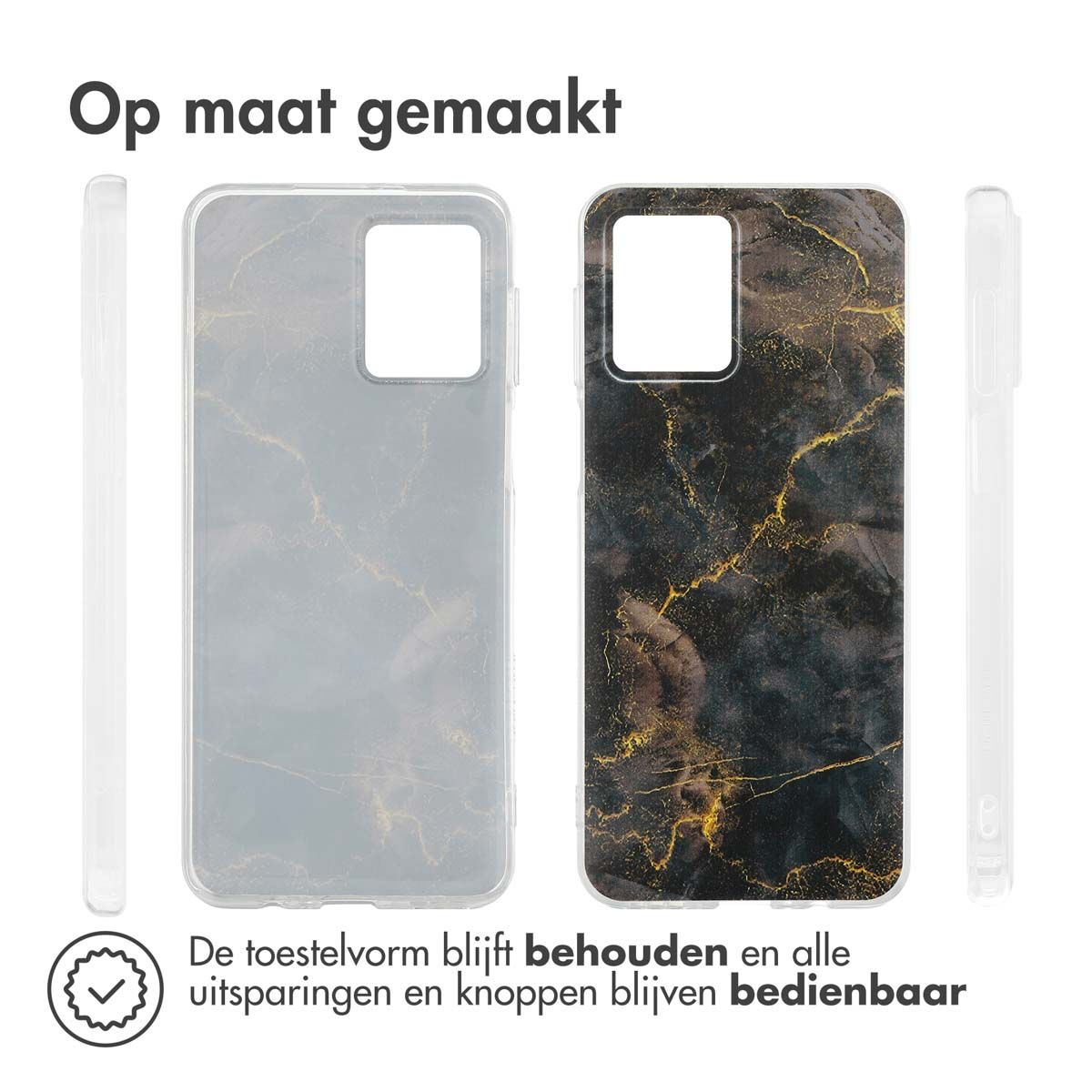 Afbeelding toont telefoonhoesjes, één doorzichtig en één zwart met gouden accenten. Tekst in het Nederlands zegt 'Op maat gemaakt'.