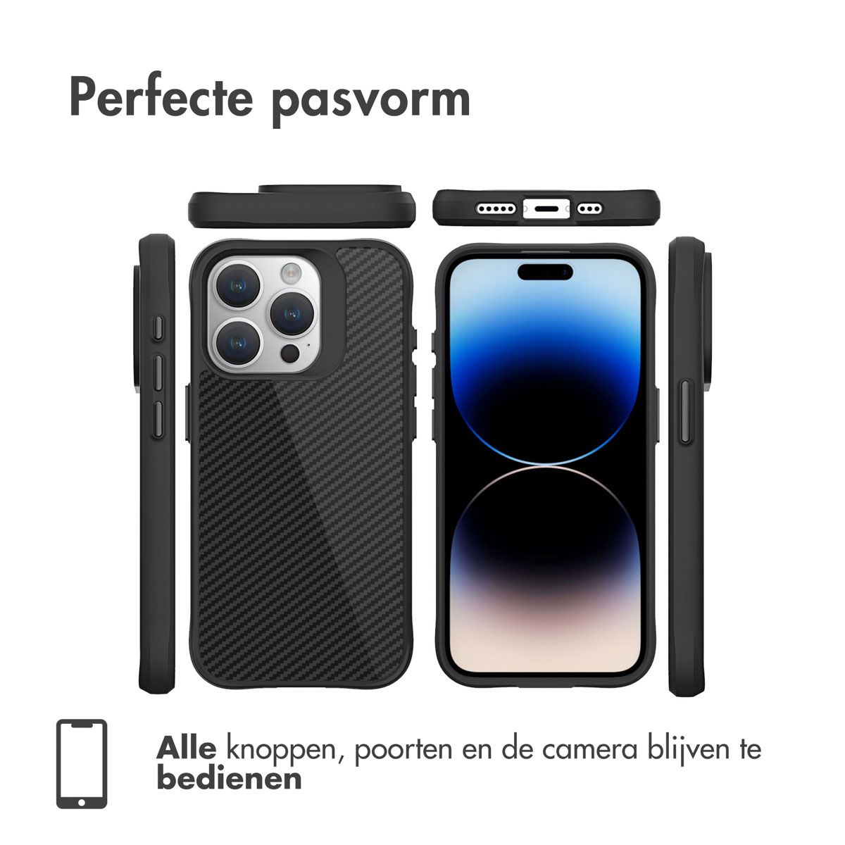 Custodia nera per telefono con texture in fibra di carbonio, mostrata da diverse angolazioni. Testo: 'Vestibilità perfetta' e 'Tutti i pulsanti, le porte e la fotocamera rimangono operativi'.