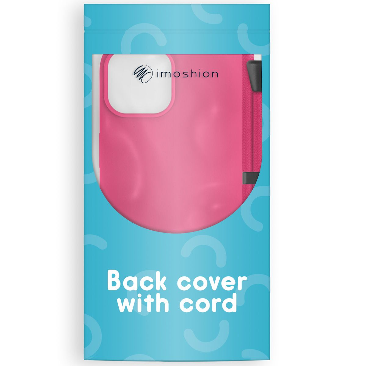 Eine rosa Handy-Rückseite mit Kordel, verpackt in einer blauen Verpackung. Auf der Verpackung steht der Markenname und der Text 'Back cover with cord'.