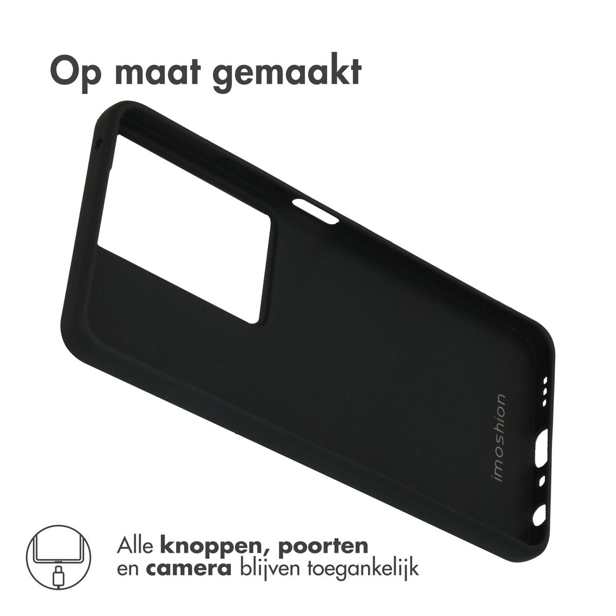 Een zwarte telefoonhoes met een rechthoekige uitsparing. Tekst: 'Op maat gemaakt' en 'Alle knoppen, poorten en camera blijven toegankelijk'.