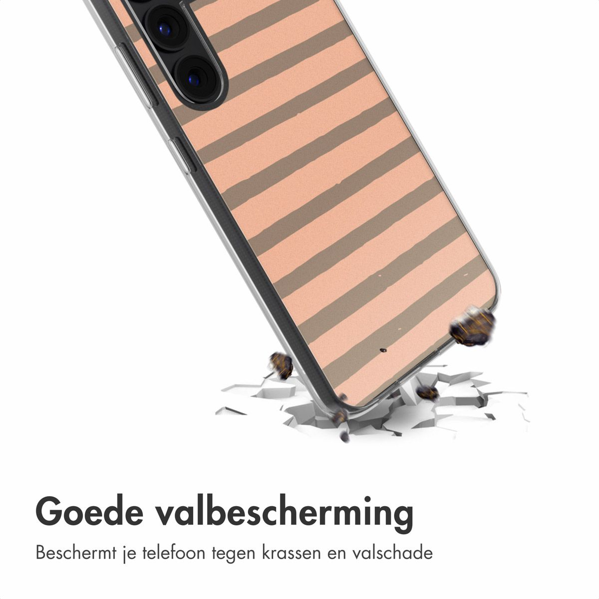 Een telefoonhoesje met streepjes valt en breekt een oppervlak. Tekst onderaan zegt 'Goede valbescherming'.