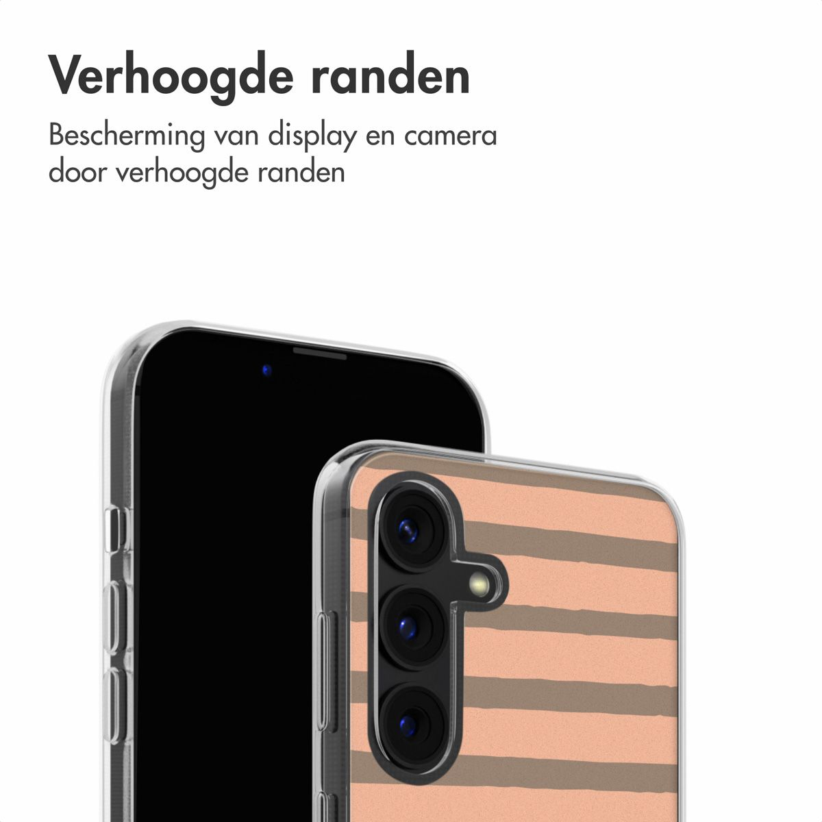 Twee smartphones, één zwart, één met gestreepte hoes. Tekst: 'Verhoogde randen beschermen het scherm en de camera.'