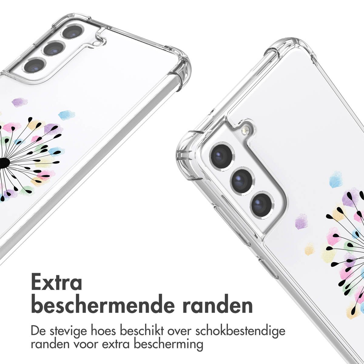 Des coques de téléphone transparentes avec un motif de pissenlit sont présentées. Le texte indique 'Extra beschermende randen'.