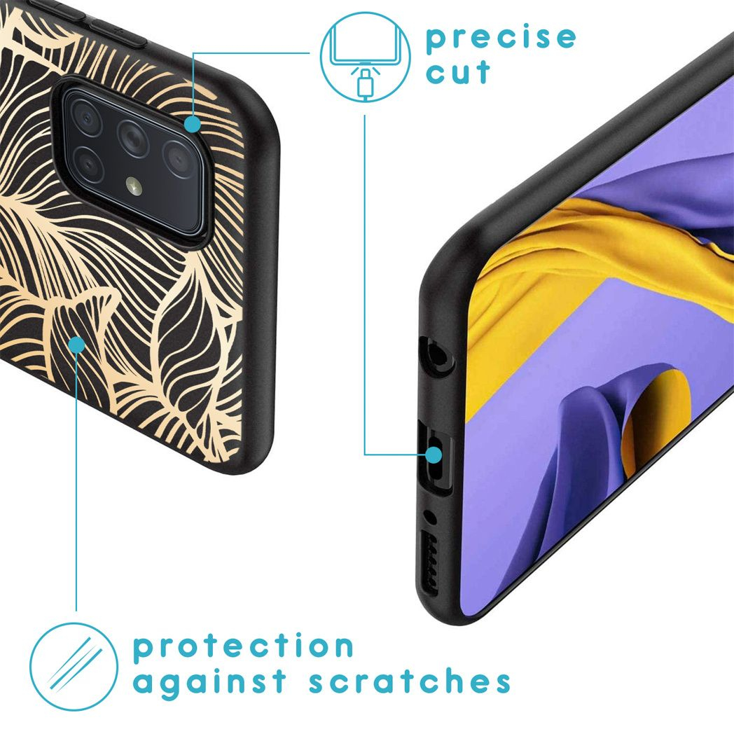 Telefoonhoesje met bladerpatroon, zwart en goud. Toont precieze snit en bescherming. Telefoonscherm toont geel en paars.