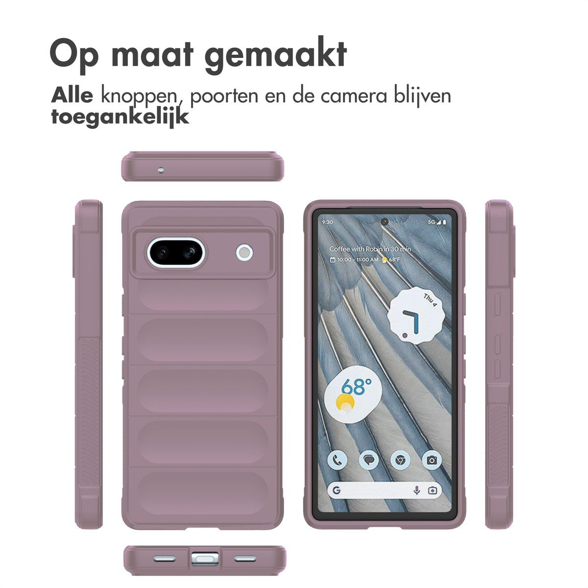 Ein Telefon in einer mauvefarbenen Hülle. Der Bildschirm zeigt Zeit, Wetter und Apps an. Text auf Niederländisch.