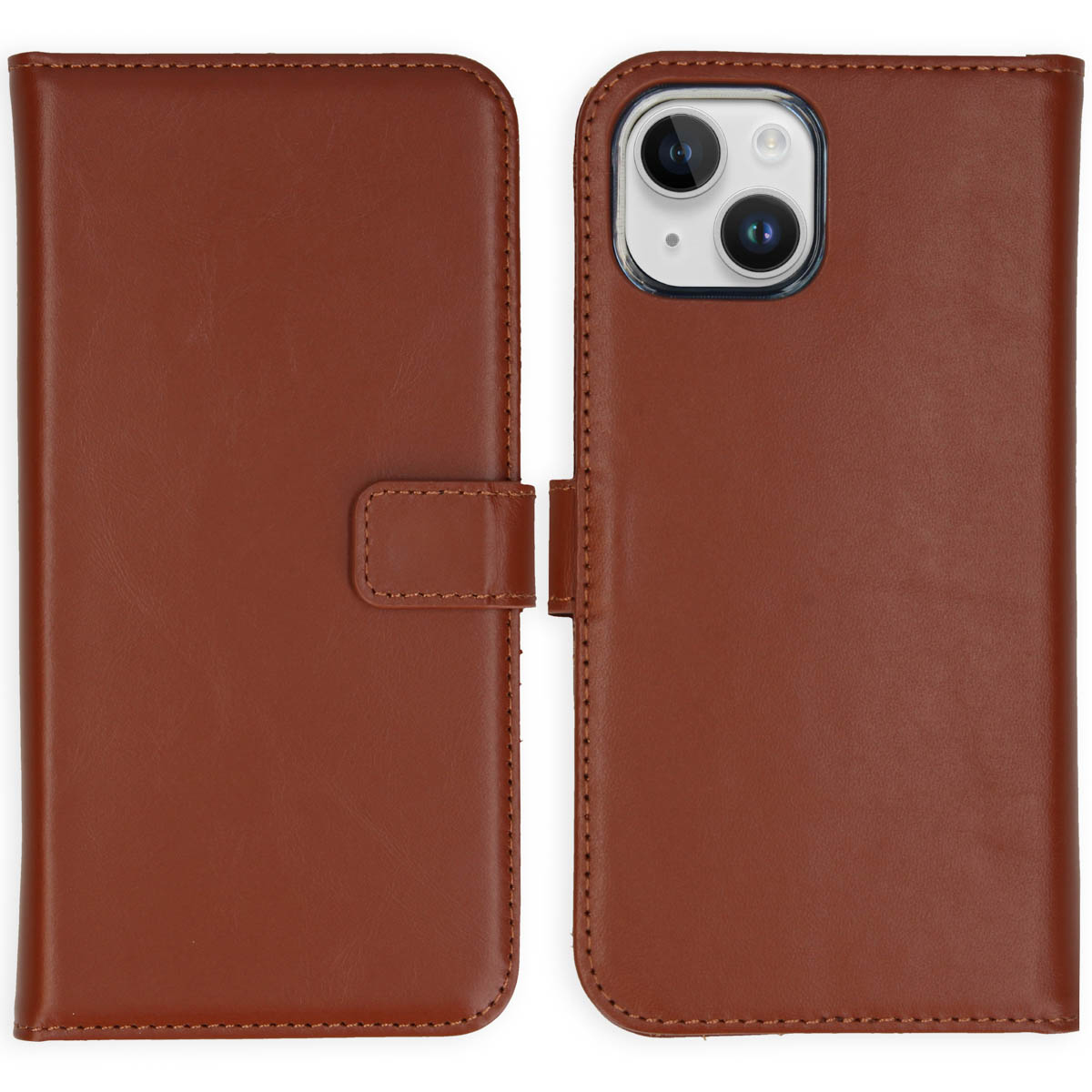 Brown leather phone case, open. The case has a magnetic closure and stitching around the edges. Phone with camera visible.