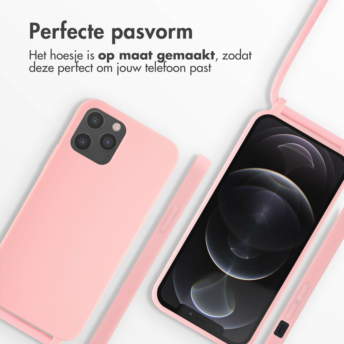Une coque de téléphone rose avec une lanière à côté d'un autre téléphone dans une coque, les deux sur une surface blanche, avec du texte au-dessus.