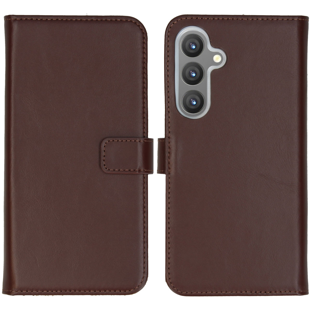 Étui de téléphone en cuir marron, ouvert. Le téléphone est visible sur le côté droit. L'étui a une fermeture magnétique.