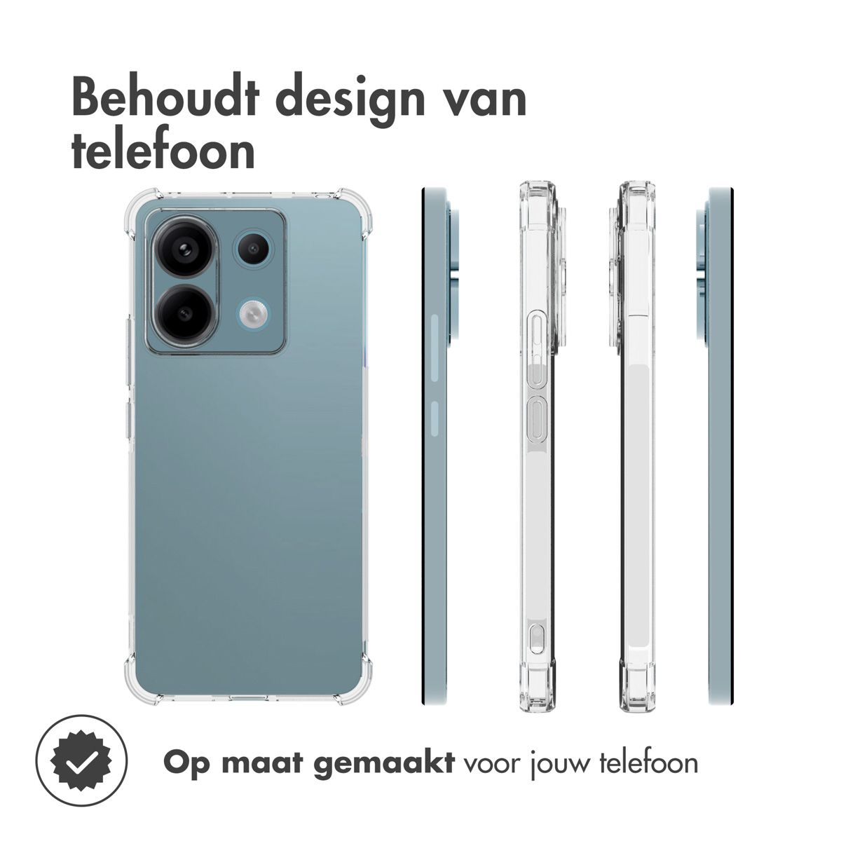 Telefoonhoes, drie aanzichten. Tekst: Behoudt het telefoonontwerp, Op maat gemaakt voor jouw telefoon.
