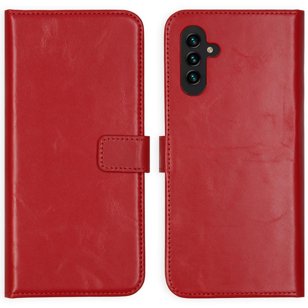 Een rode leren telefoonhoes, open. De linkerkant heeft een flap met een sluiting. De rechterkant toont de telefooncamera.