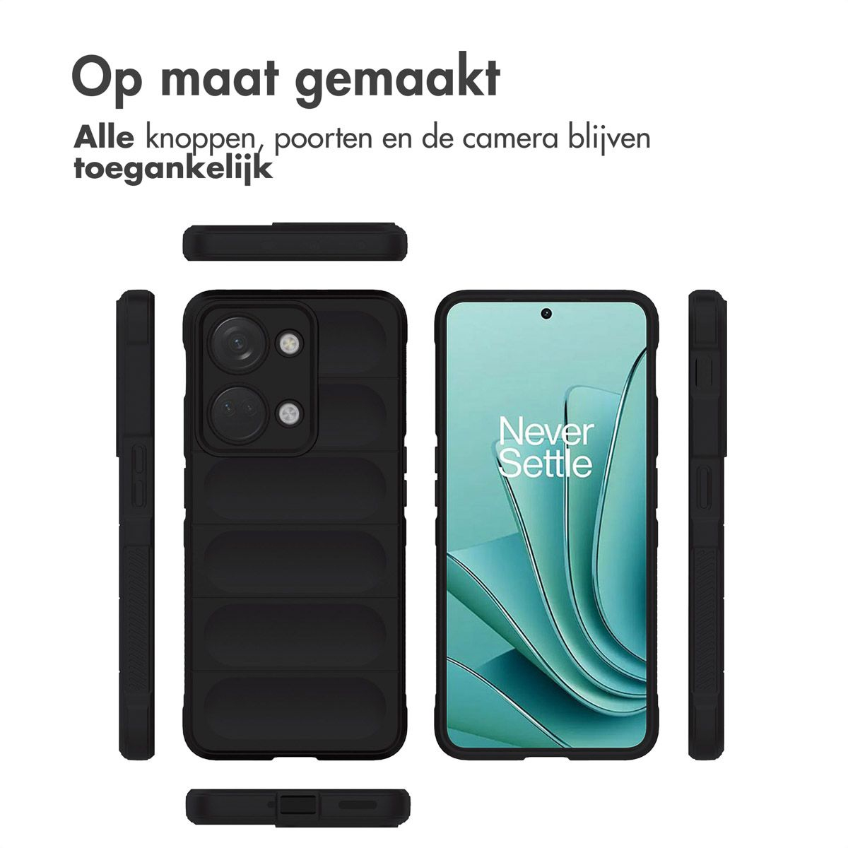 Custodia nera con fori per fotocamera e dettagli laterali. Schermo mostra 'Never Settle'. Testo: 'Op maat gemaakt'.