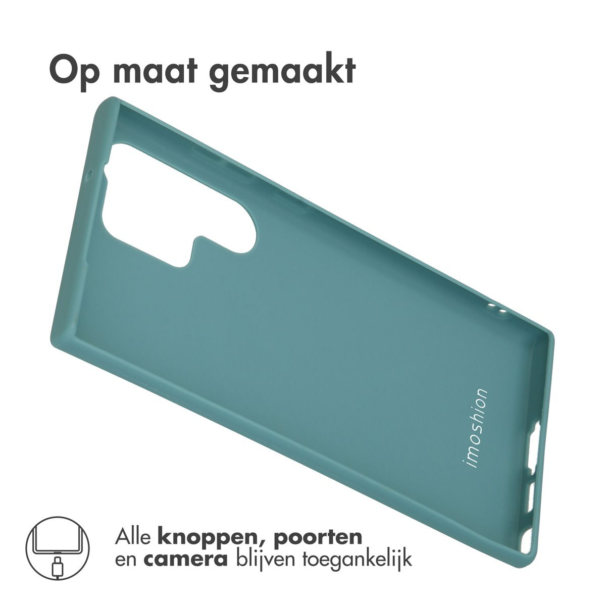 Een blauwgroene telefoonhoes wordt schuin getoond. Tekst bovenaan: 'Op maat gemaakt'. Tekst onderaan: 'Alle knoppen, poorten en camera blijven toegankelijk'.